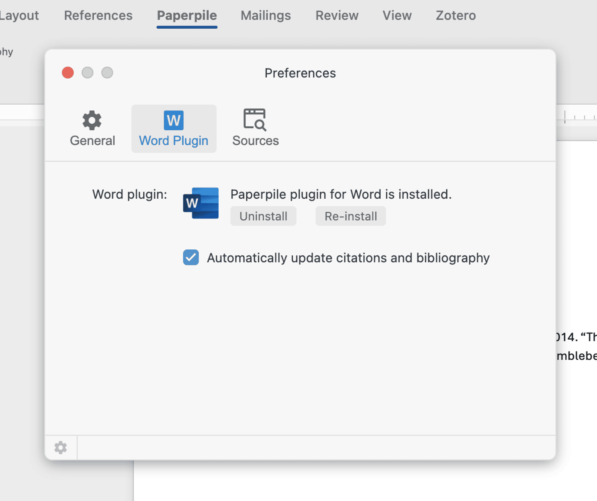 The Paperpile Preferences window on the Word Plugin tab, confirming “Paperpile plugin for Word is installed” with Uninstall and Re-install buttons and a ticked “Automatically update citations and bibliography” box.